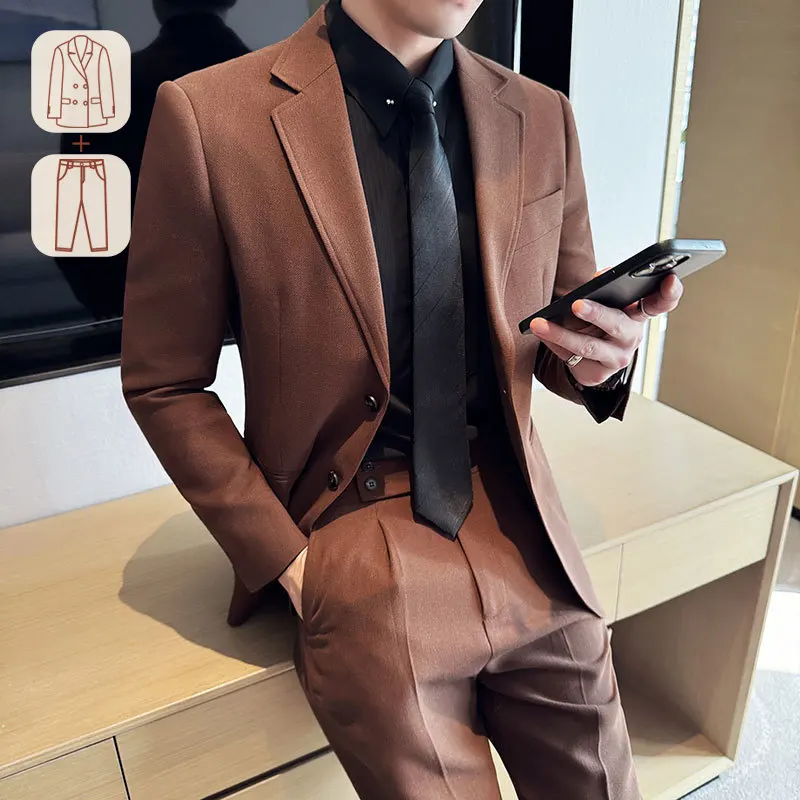 Thickened High-quality Pure Color Business Casual Men's Linen Blend Pinstripe Suit for Autumn and Winter.Wedding Dress M-4XL