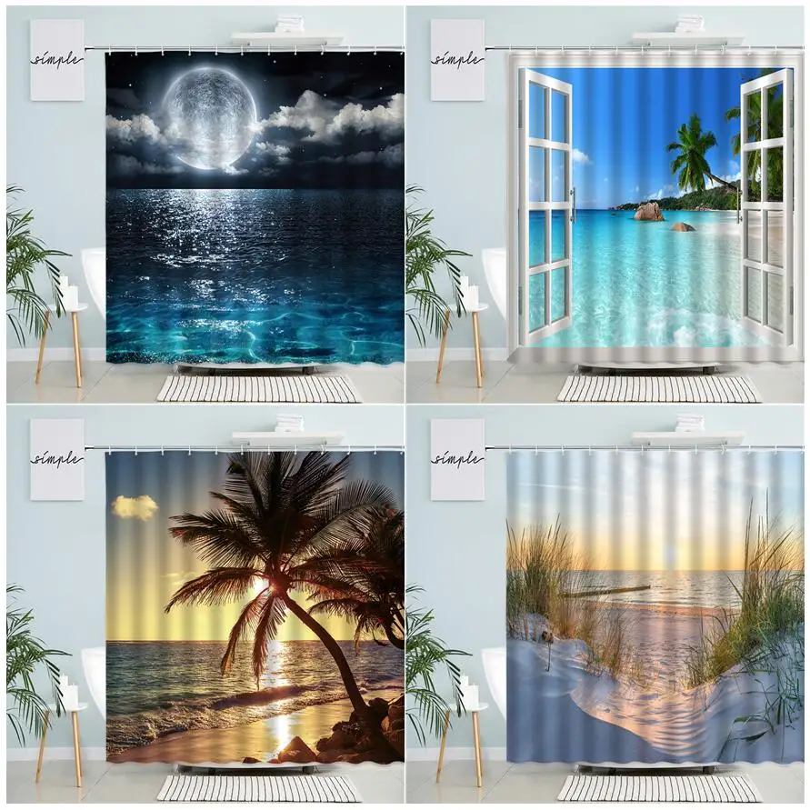 

Шторы для душа из полиэстера, занавески с изображением океана, пальм, пляжа, душа, приема Луны, заката, морских волн, острова Гаваи, природы