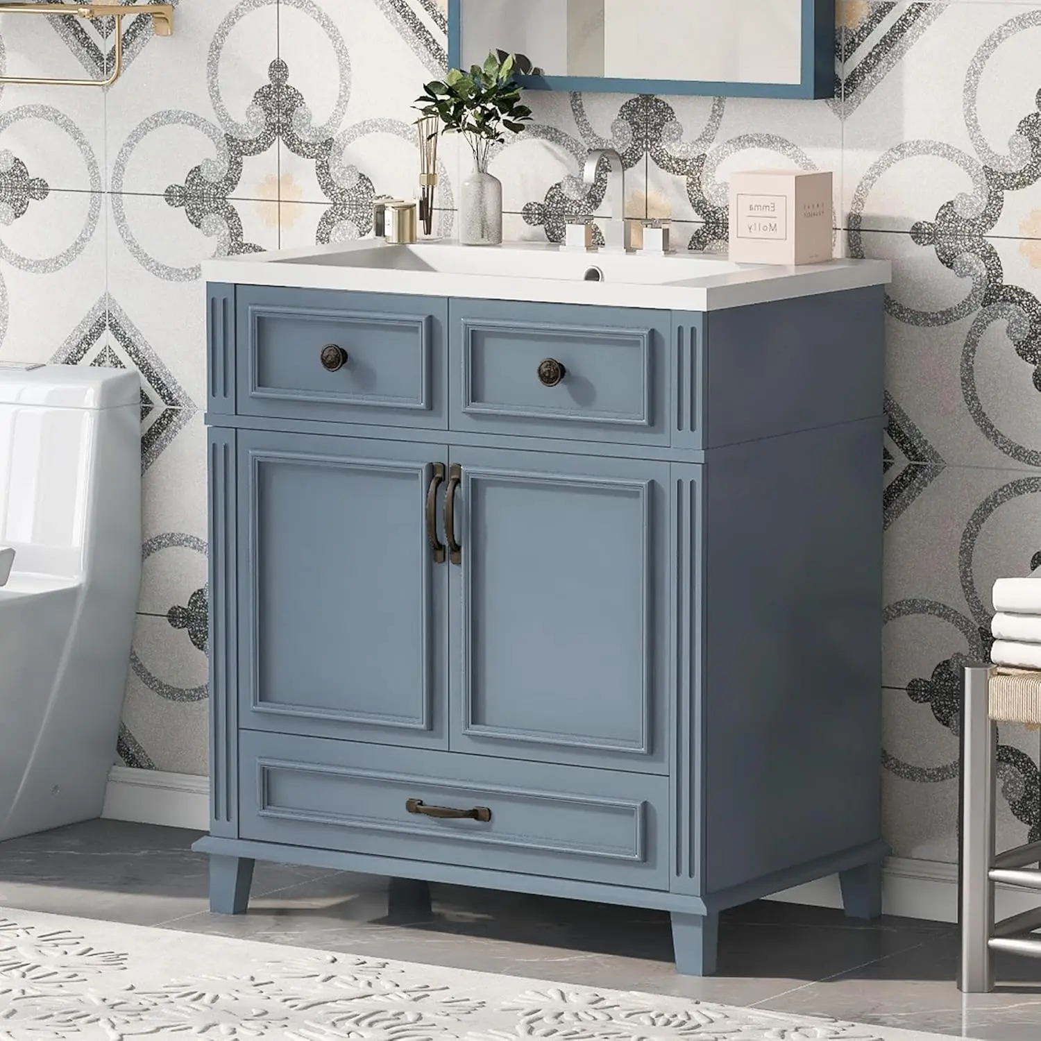 30" Bathroom Vanity Cabinet with USB Charging Port 2 Shallow Drawers 1 Deep Drawer 1 Door Single Resin Sink Modern Design Small