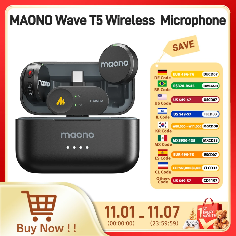 Maono Wave T5 Wireless Lapel Microphone Mini Voice Filter