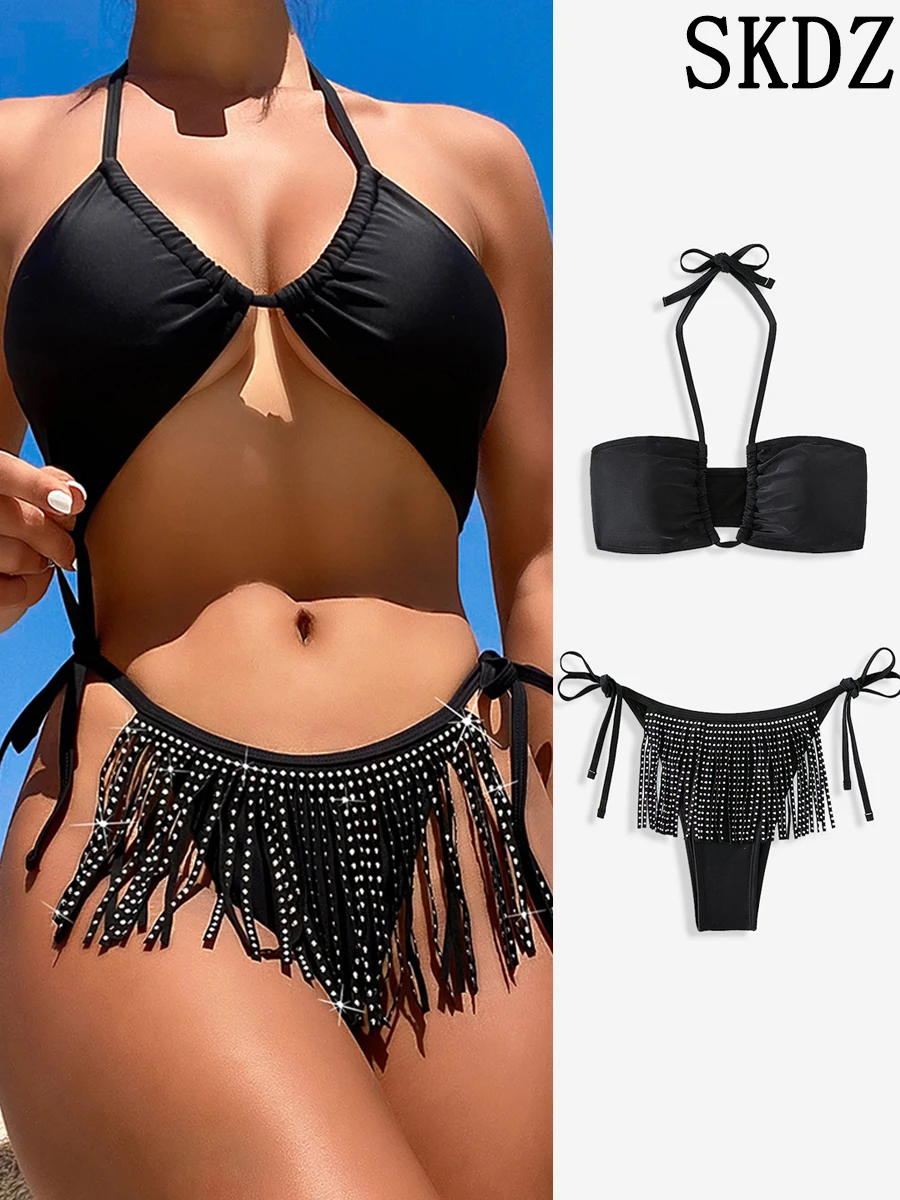 

Черный купальник, новый сексуальный бикини с открытой спиной и ремешком на шею, бриллиантовый женский костюм, пляжный курортный Повседневный женский купальник