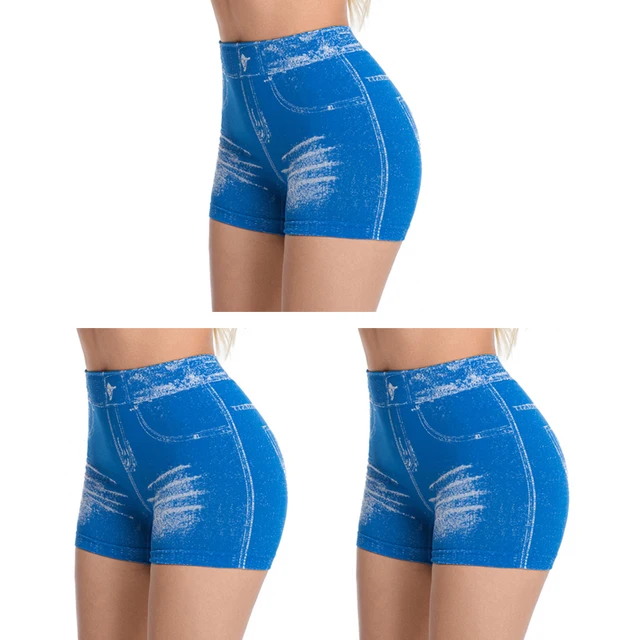 Lot de 3 shorts en jean imitation pour femme, pour fitness, course, sport, gym, entraînement, avec effet froncé aux fesses, leggings de yoga sans couture, culottes gainantes