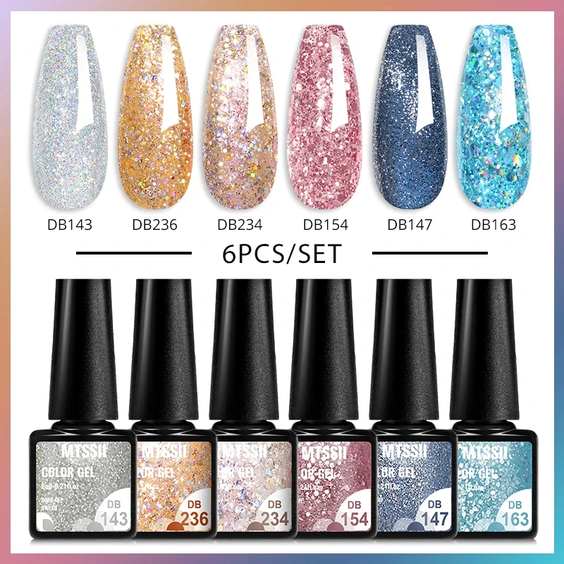 6Pcs/Set Purple Glitter Bright Gel Nail Polish Set Semi Permanent Spring Summer Colors Series Soak Off UV Nail Art Gel Varnish 5