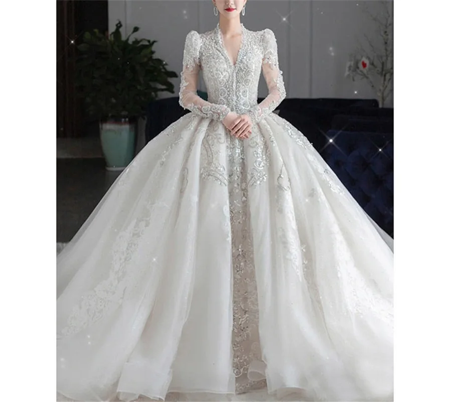 

Dubai Arabia Ball Gown Wedding Dress Luxruy Crystal Church Bridal Gown Sequin Pearls High Neck Full Sleeves Robe De Mariée