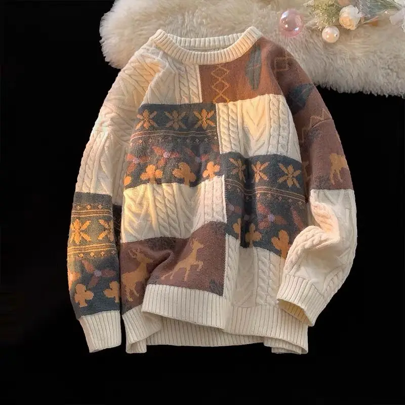 2023 Inside RMen's Winter Fashion Brand Thickened Lazy Base Sweater Retro Paneled Warm Loose   Jacket Vintage Sweater Anime