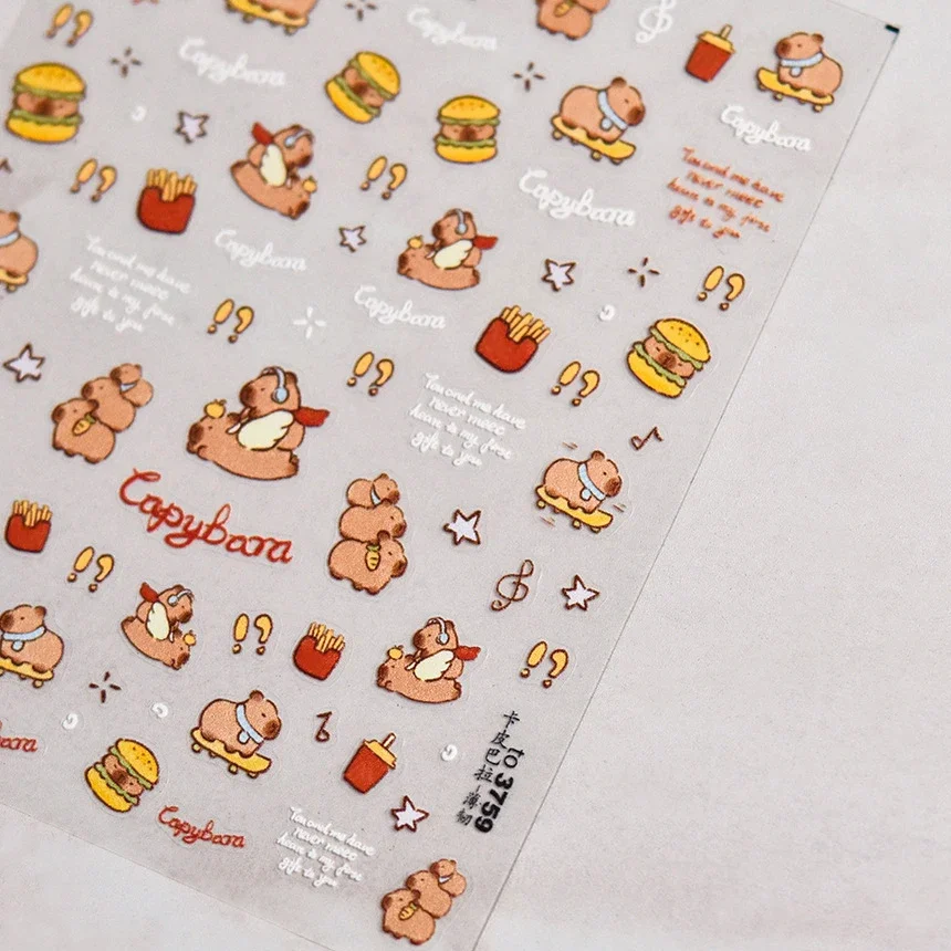 Cartoon Cute Capybara Hamster Brown Kapibala Soft Embossed Reliefs Self Adhesive Nail Art Decoration Stickers 3D Manicure Decals