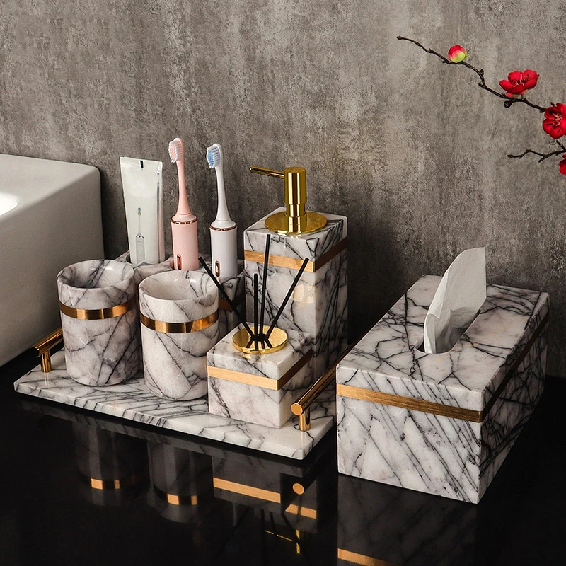 Lilac Marble Bathroom Accessories Sets Soap Dispenser Bottle Toothbrush Holder Soap Dish Tray