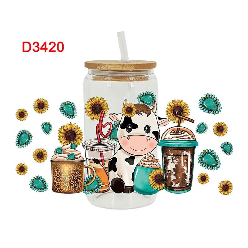 UV DTF Cats, cows, pigs Transfer Happy Juice Printed Sticker For The 16oz Libbey Glasses Wraps Bottles D3206