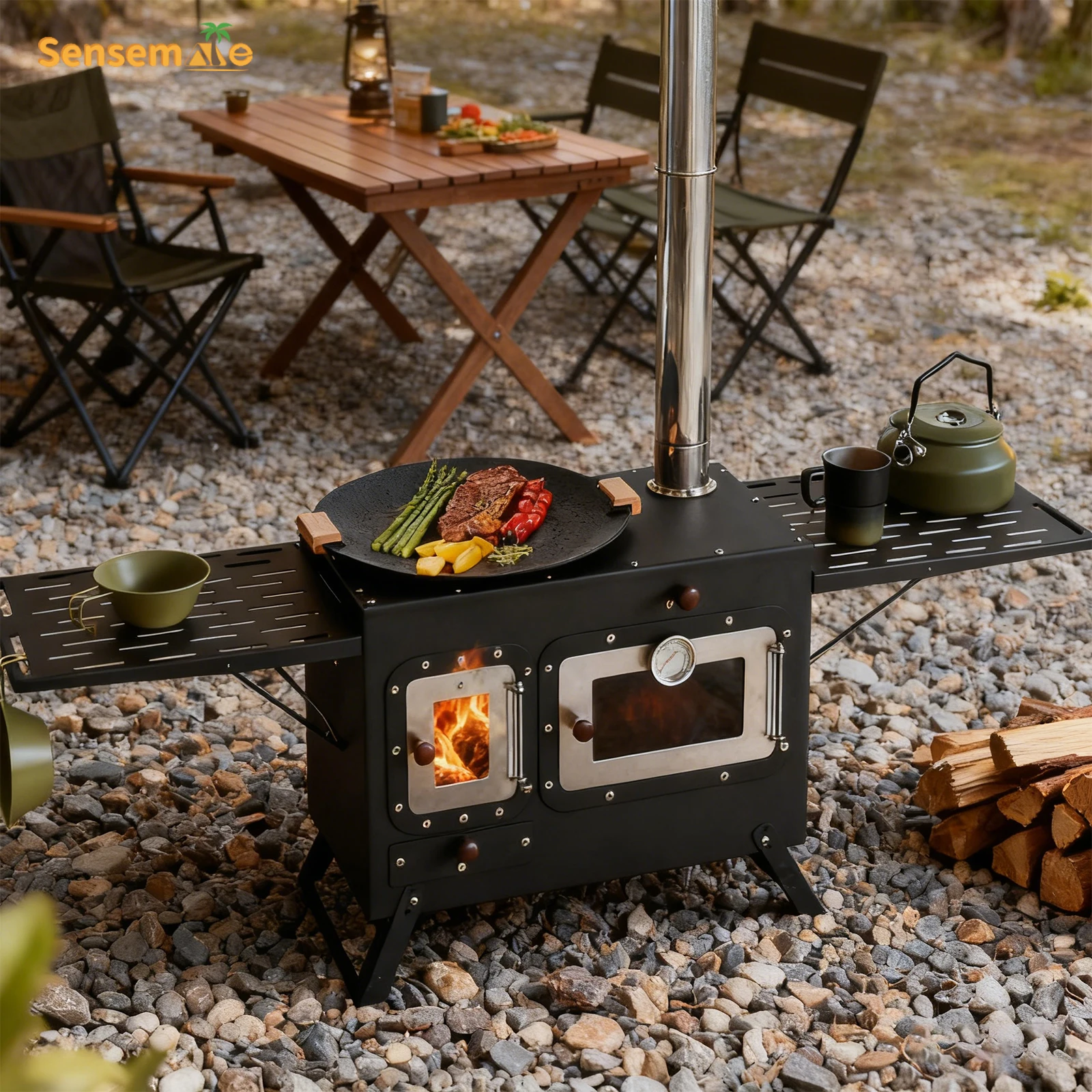 เตาไม้แบบพกพาพร้อมเตาอบพิซซ่าแผ่นขยายกลางแจ้ง Camping Grill BBQ Charcoal ฟืนเนื้อทําอาหารการออกแบบพับ 1