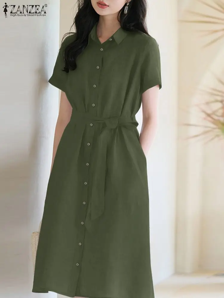 

ZANZEA Summer Vintage Lapel Neck Shirtdress Women Fashion Dress Casual Short Sleeve Sundress Buttons Down OL Work Vestidos 2023