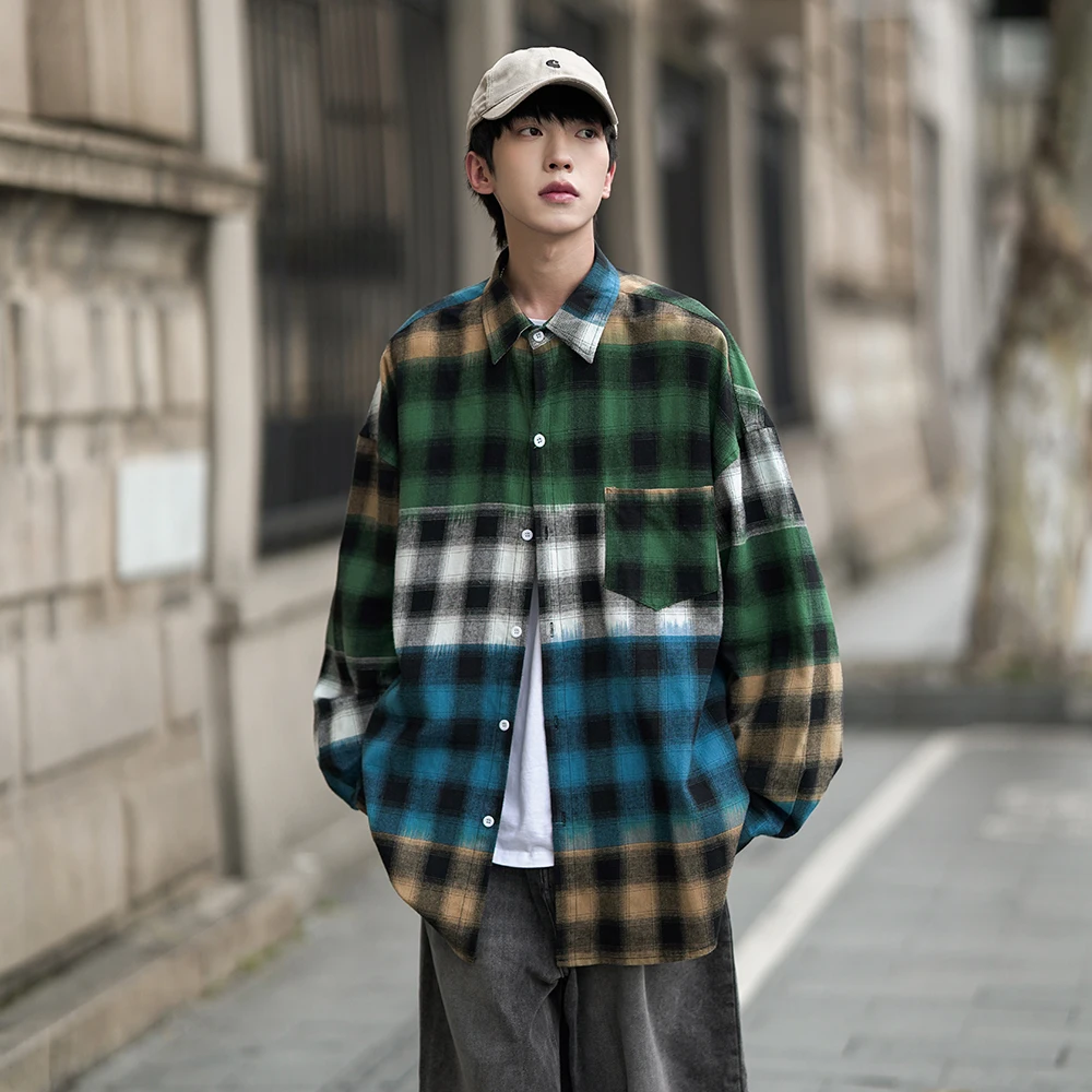 

Patchwork Color Plaid Shirts Men 2023 Autumn Streetwear Casual Male Harajuku High Quality Oversized Long-sleeved Blouses