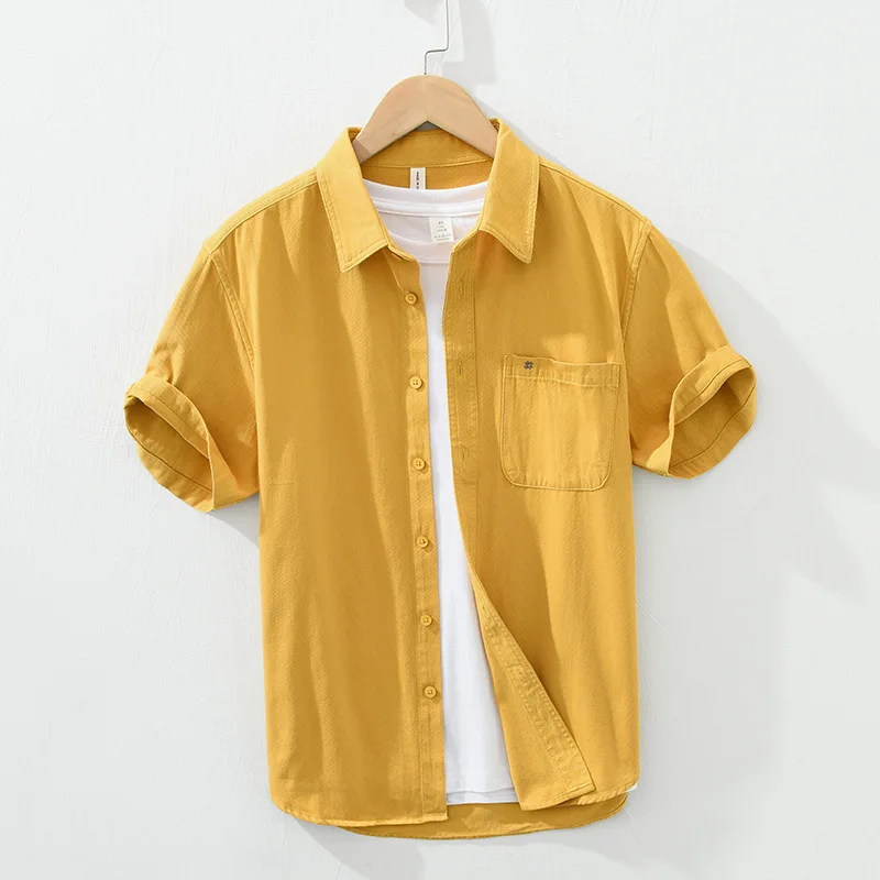 Yellow Short Sleeve Shirt for Men Cotton Button Up Shirts Summer Patch Pockets Embroidery Casual Tops Male Solid Clothing