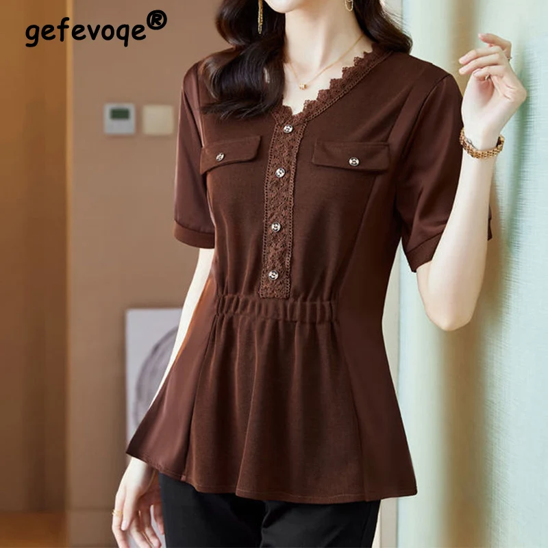 

Elegant Fashion Solid Button Patchwork Long T-shirt Summer 2023 Commute Short Sleeve V-Neck Loose Tunic Pullovers Women Clothing