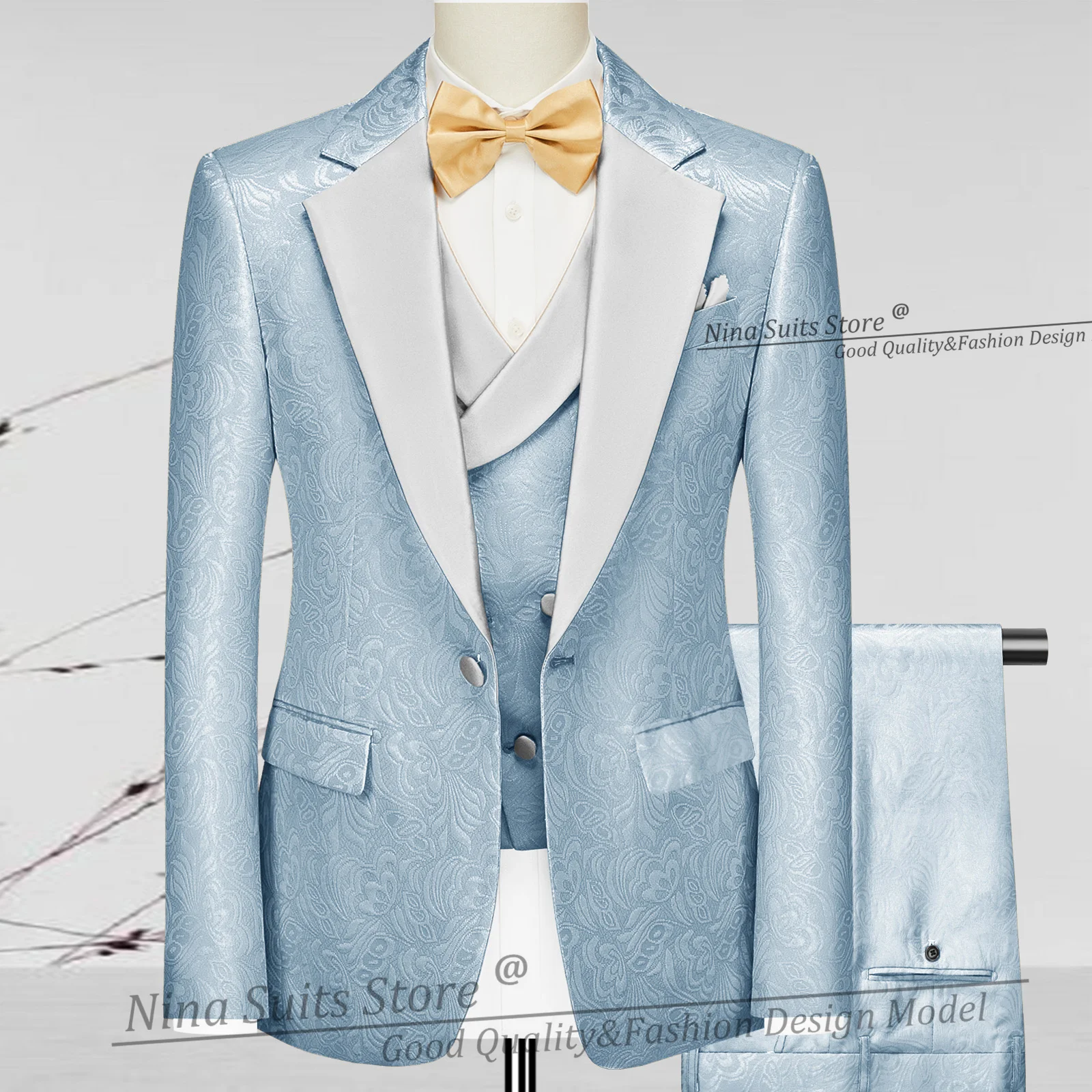G&N Colorful Jacqaurd Costume for Men 3 Piece Set Sky Blue Paisley Blazer Trousers Waistcoat Groom Party Tuxedo White Lapel