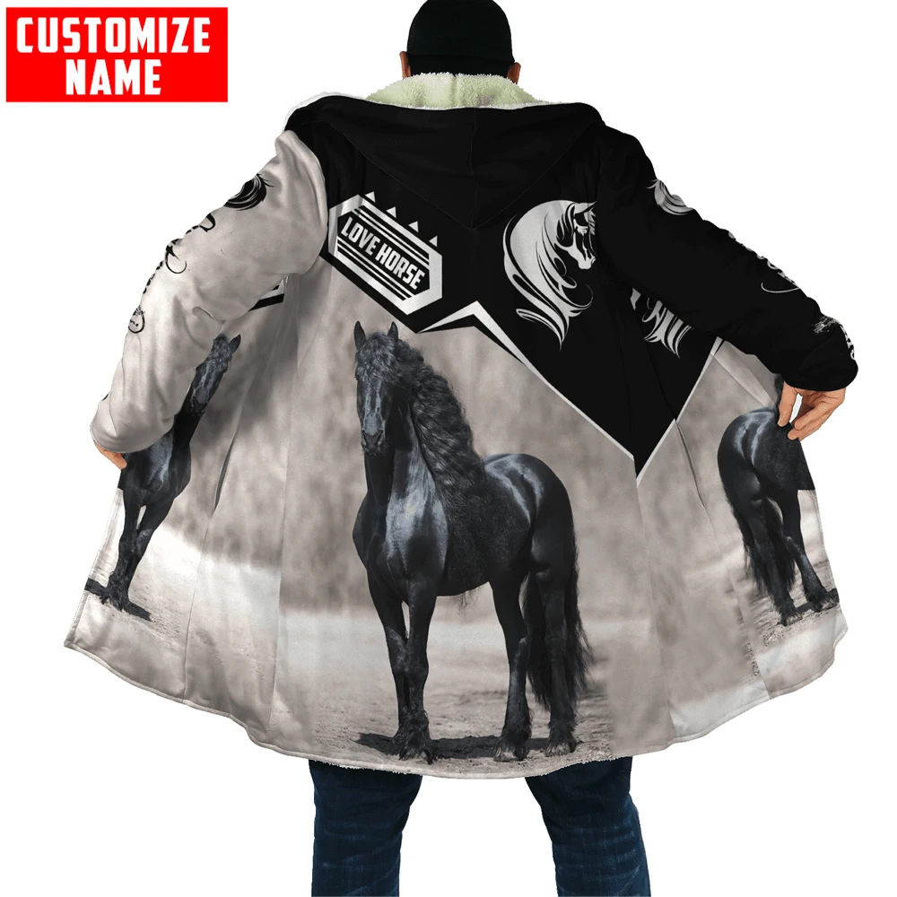 

Mens Cloak Personalized Name Horse 3D All Over Printed Fleece Hooded Cloak Unisex Casual Thick Warm Cape coat CH49