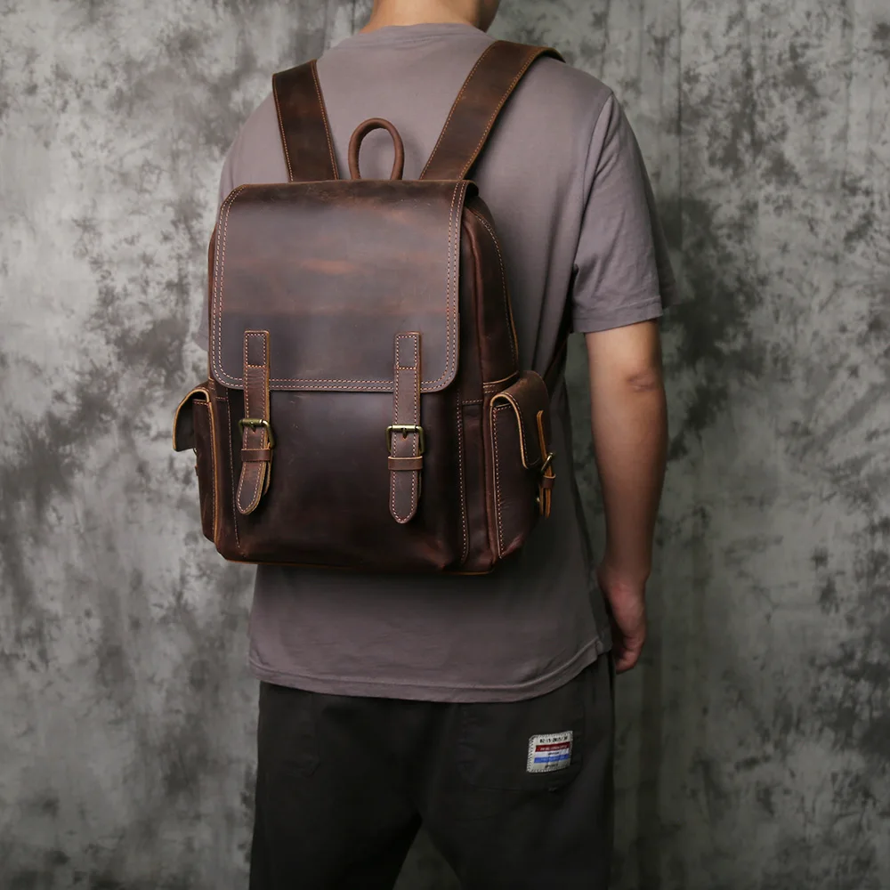 NZPJ Vintage Genuine Leather Men Backpack Large Capacity Top-Grain Cowhide Backpack Casual Trendy Crazy Horse Leather Laptop Bag