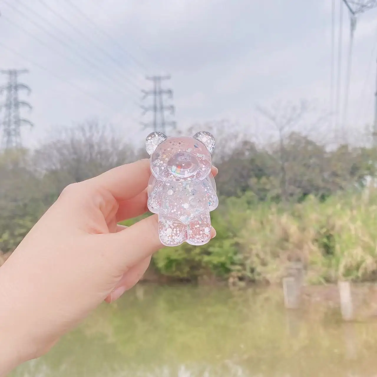 iphone charging dock Glitter bear transparent three-dimensional lazy retractable desktop back with air cushion support phone holder for car cup holder Holders & Stands