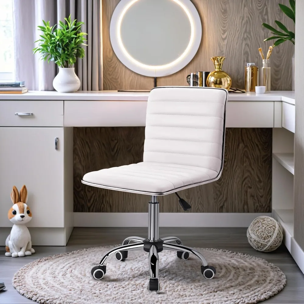Mid Back Vanity Chair,Low Back PU Leather Swivel Computer Desk, Task and Office Chair Retro with Armless Ribbed (White) 4