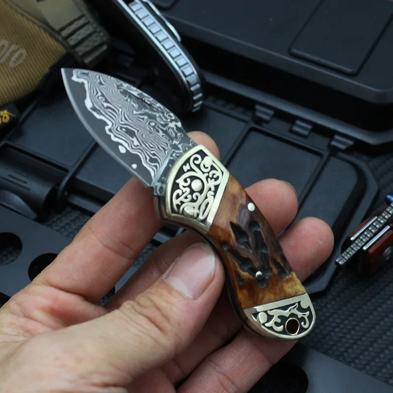 

Mini Folding Knife Damascus Steel Blade Bone Handle Portable Pocket Knife Outdoor Camping Fishing EDC Tool