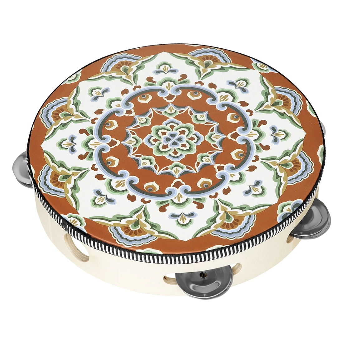 8 Inch Tambourine Hand Drum Dunhuang Style Stainless Steel Bells Drums Percussion Musical Instruments Orff Classic Flower Drums