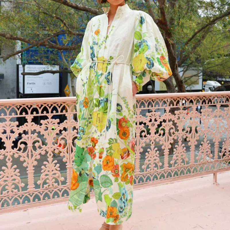 

2024 Women Stand Collar French Style Dresses Chic Elegant Printed Button A-line Dress Spring Long Lantern Sleeve Slit Long Dress