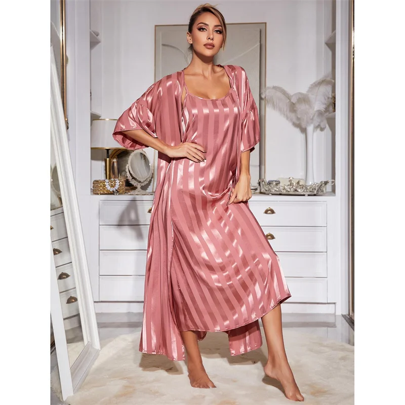 Ling Ice Silk Nightgown Lounge Clothes Sets 2 Pcs Sleep Robe Gowns Sets Women's Pajamas Set Pink Striped Sleepwear Gorgeous
