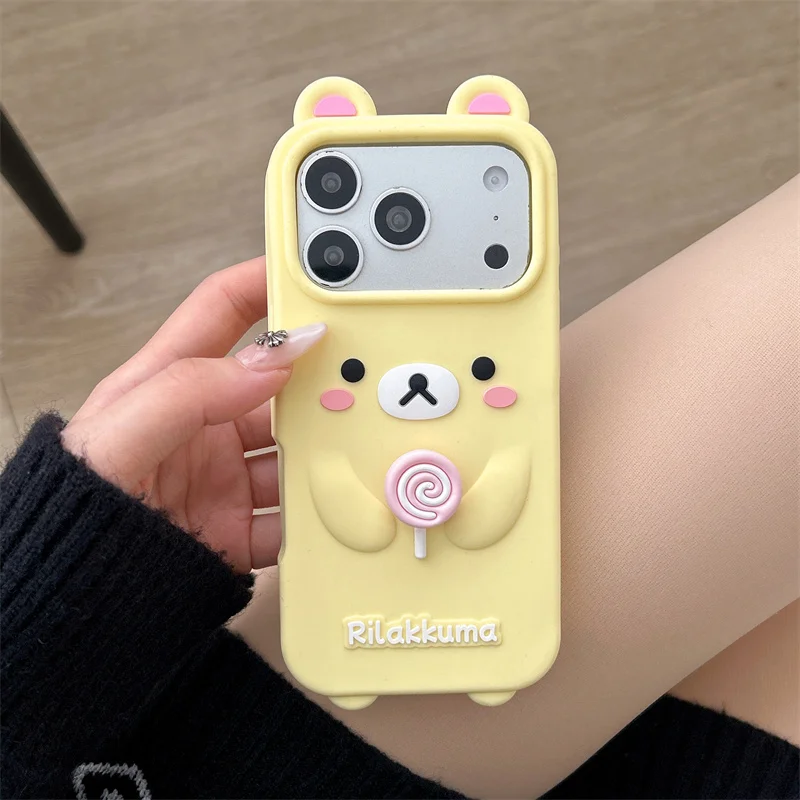 Cute 3D Rilakkuma Bear Spinning lollipop Phone Case For Xiaomi 17 Pro Max 15 14 Poco F7 F5 Pro Decompress Soft Silicone Cover 2