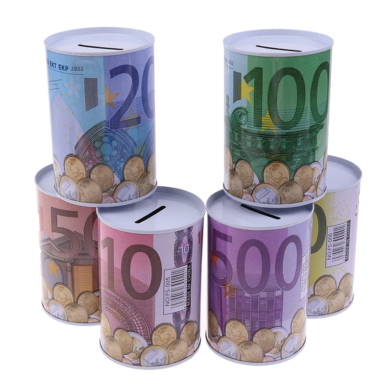 1PC Tinplate Cylinder Piggy Bank Euro Dollar Picture Box Household Saving Money Home Decoration Boxes Safe Cylinder Piggy Bank 2