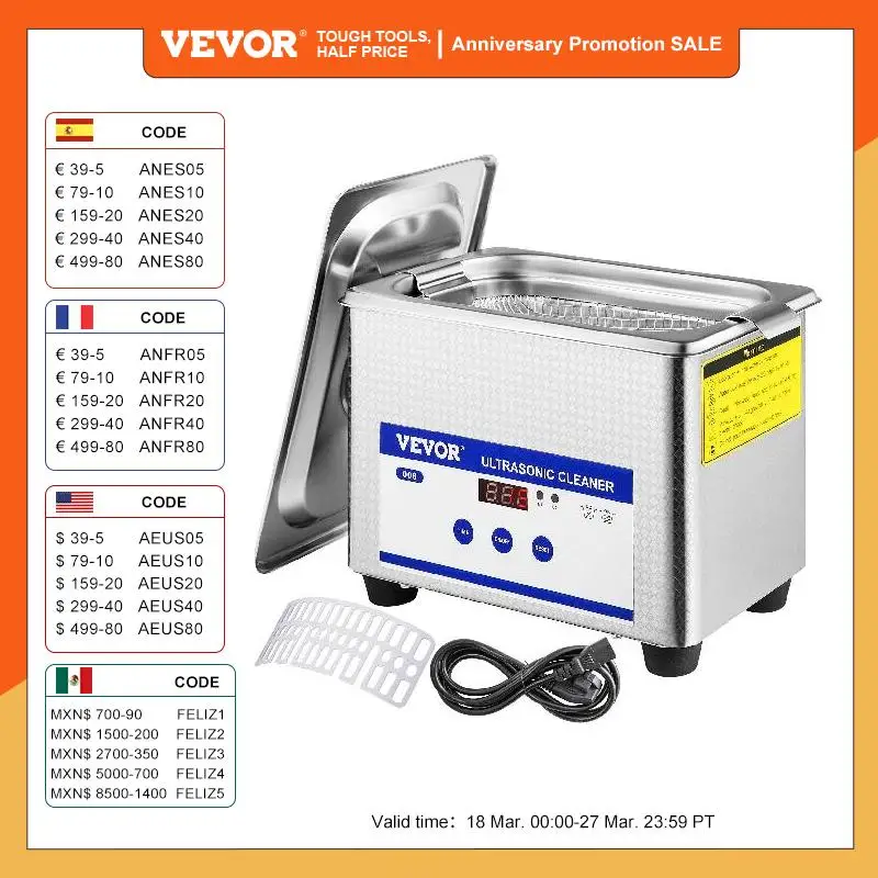 VEVOR 800ml Ultrasonic Cleaner Portable Washing Machine 35W Mini Dishwasher Lave-Dishes Ultrasound Bath Sonic for Home Appliance vevor 3l 6l 10l ultrasonic cleaner w degassing function portable washing machine ultrasound bath diswasher sonic home appliance