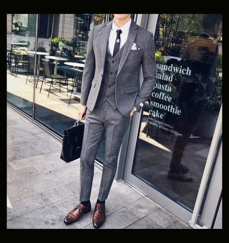 

Mens Business Suits Formal Tuxedo Social Suits Mens Casacas Hombre Azul Terno Preto Slim Fit Gray Retro Plaid Suits Mens