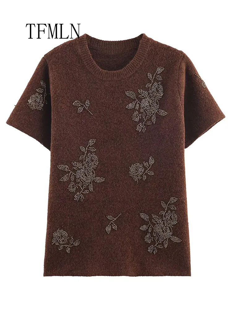 2026 New Women Beading Short Sleeved Knitted Sweater Sweet Girls O-neck Soft Chic Causal Pullover Top Retro Street Knitwear