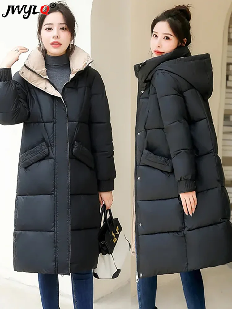 

Korean Fashion Stand Collar Hooded Warm Hem Knee-length Puffer Jacket Women Winter Cotton-padded Oversized Parkas Casual Jackets