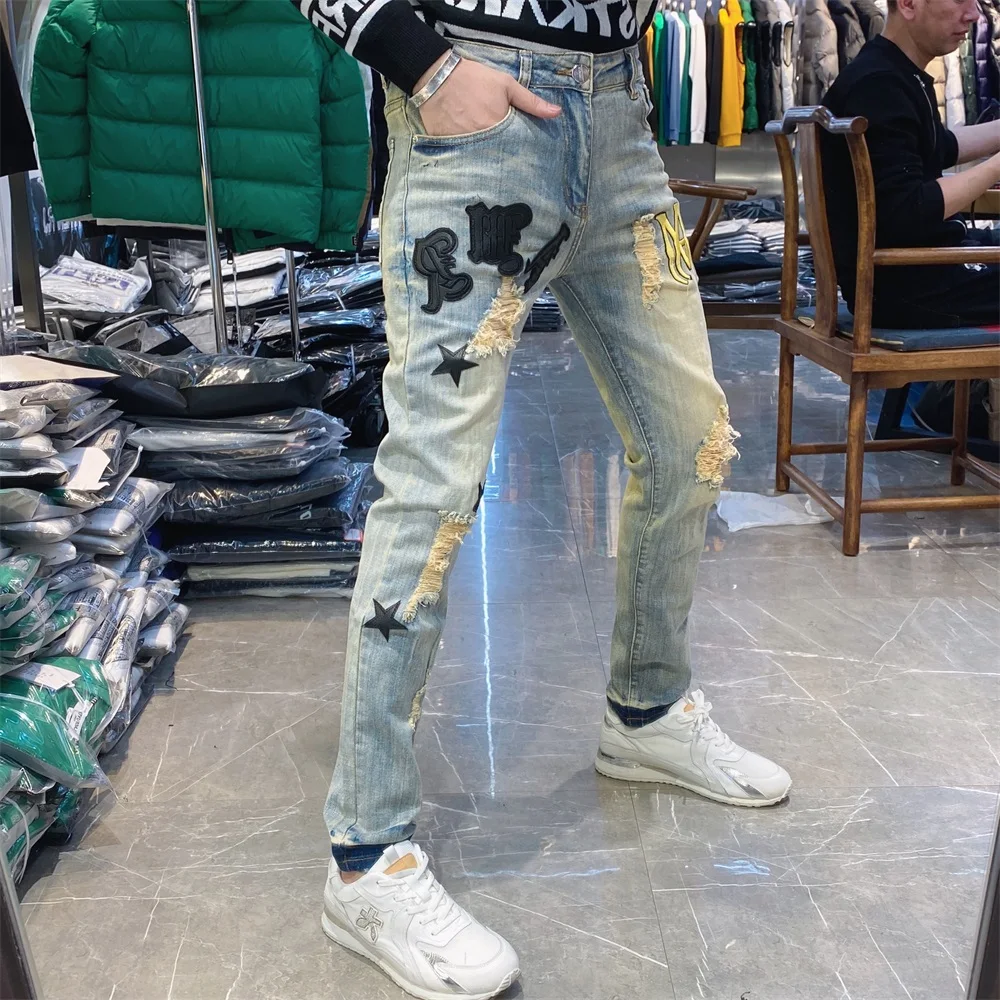 Five-pointed Star Embroidered Word Art Jeans Men's Ripped Casual Slim Cotton Stretch Scratch Blue Gradient Splashing Ink Summer2