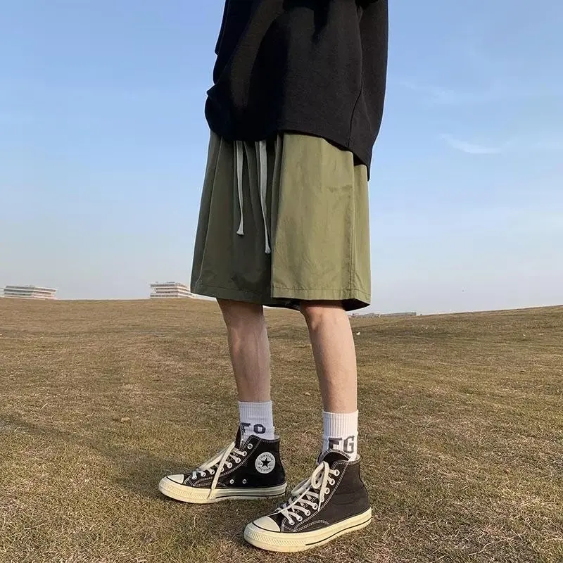Khaki Color Fashion Loose Workwear Men 2024 Summer Motion Drawstring Casual High Street Straight Cylinder Solid Color Shorts
