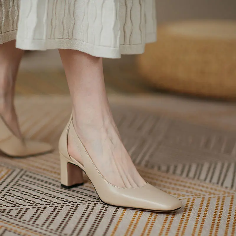 Office Ladies Summer Footwear High Heels Pumps On Heeled Square Toe Shoes For Women 2024 Fashion Leather Casual Slip A Vacation 2