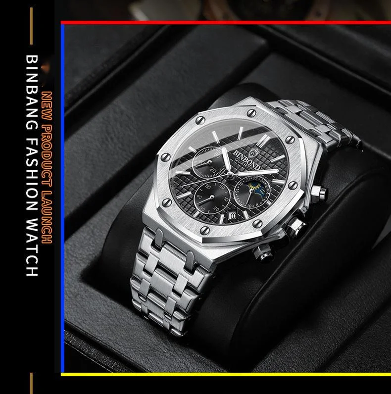 New Watch Hot Selling Model: Binbang High-end Three Eye Six Needle Multifunctional Lunar Phase Steel Band Multifunctional Men's Watch Watch_voghion.com
