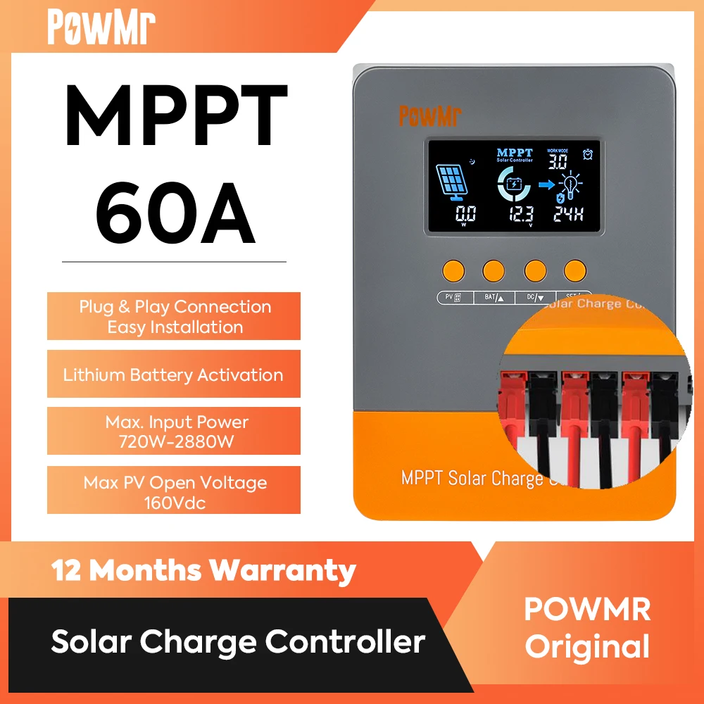 Powmr-ソーラーパネル充電コントローラー,mppt,60a,12v,24v,36v,48v,大