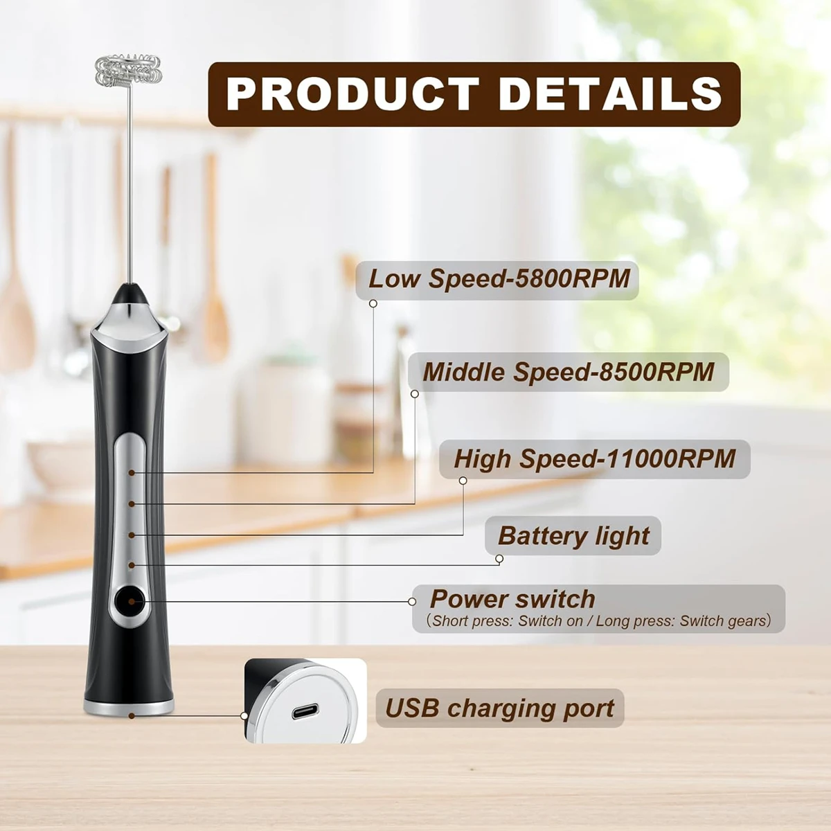 Handheld Milk Coffee Frother Rechargeable Electric Whisk Drink Mixer For Latte Cappuccino Hot Chocolate Egg Kitchen Whisk Gadget 3