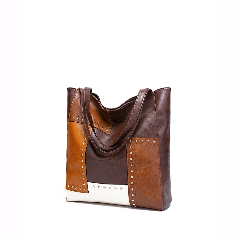 

New Summer 2023 European and American Retro Style Fashion Rivet Contrast Panel One Shoulder Tote Women's Bag High-Capacity