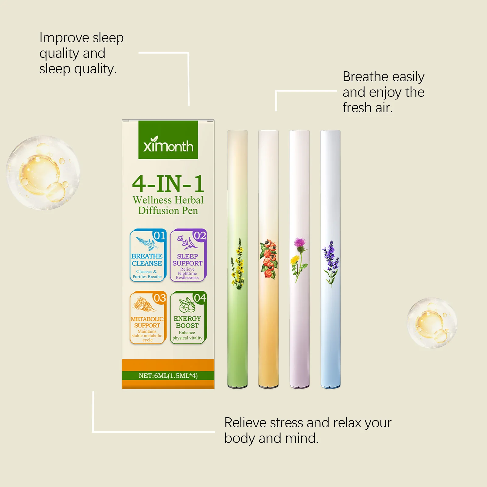 4-in-1 Air Freshening Pen: Relaxing the Senses Clear Breathing Refreshing Invigorating Aromatherapy Diffuser Lung-Cleansing Pen