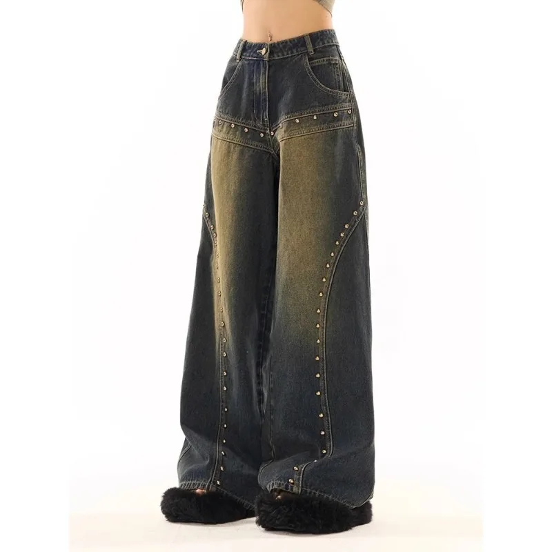 Women Wide-legged Pants Low-rise Jeans Woman's Clothing Studded Vintage Baggy Trouser Streetwear Y2K Hipster Solid Design New