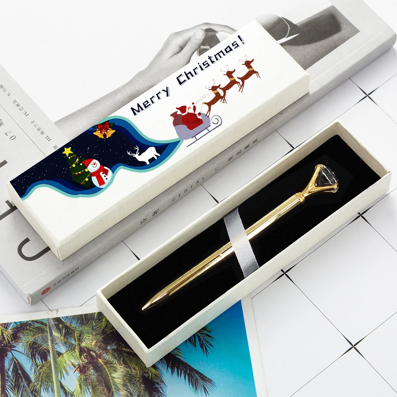 Gift Box Packaging Luxury Christmas Gift Big Crystal Diamond Metal Ballpoint Pen Ring Wedding Gift Roller Pens Free Custom Logo
