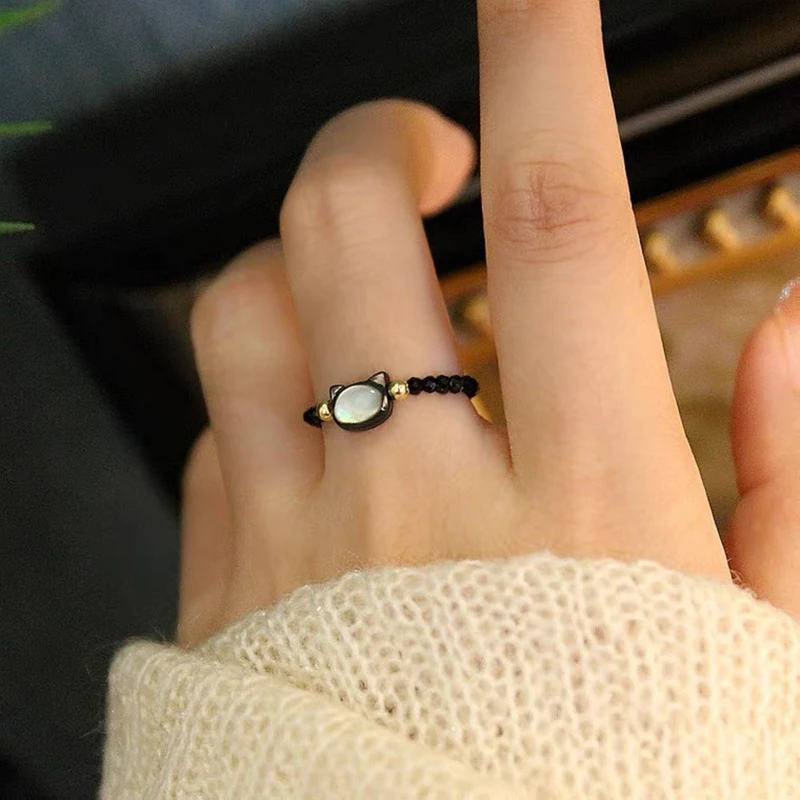 Natural Moonstone Obsidian Rings Beads Minimalist Fidget Ring Handmade Cat Ring Women Party Accessories Jewelry