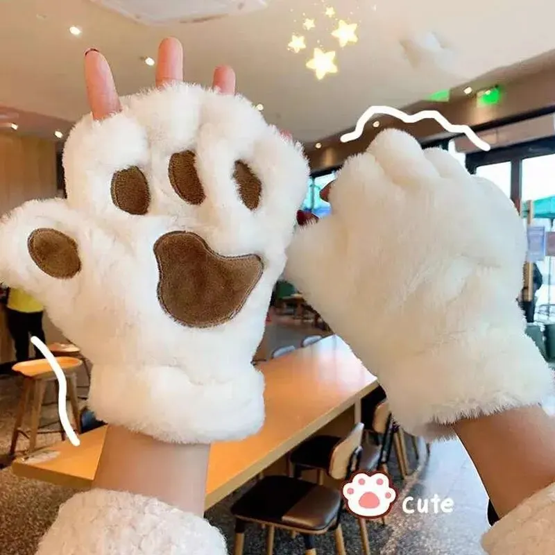 귀여운 여성 고양이 장갑, 패션 소녀 고양이 발톱 봉제 장갑, 따뜻하고 부드러운 봉제 짧은 손가락없는 반 손가락 겨울 장갑