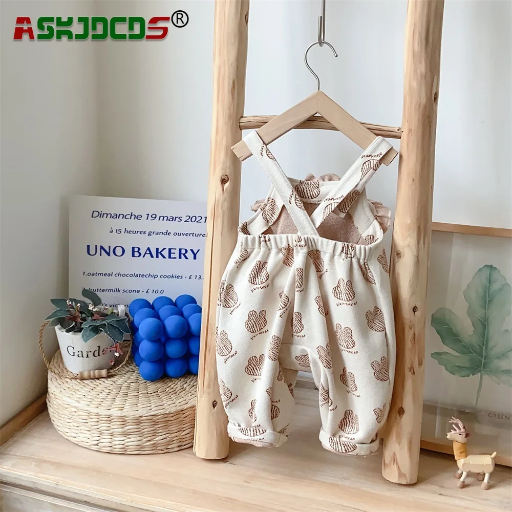 2023 Autumn Pretty Princess Strap Love Print Bear Romper Jumpsuits Baby Girls Adorable Outfits for Toddlers and Newborns 3M-3Y