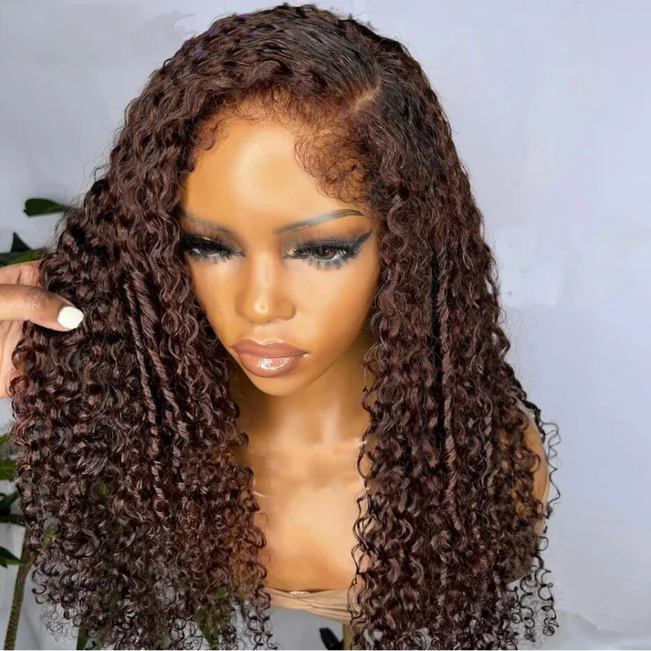 

Brown Soft Preplucked Glueless 180%Density 26”Long Kinky Curly Lace Front Wig For Black Women Natural Hairline BabyHair Daily