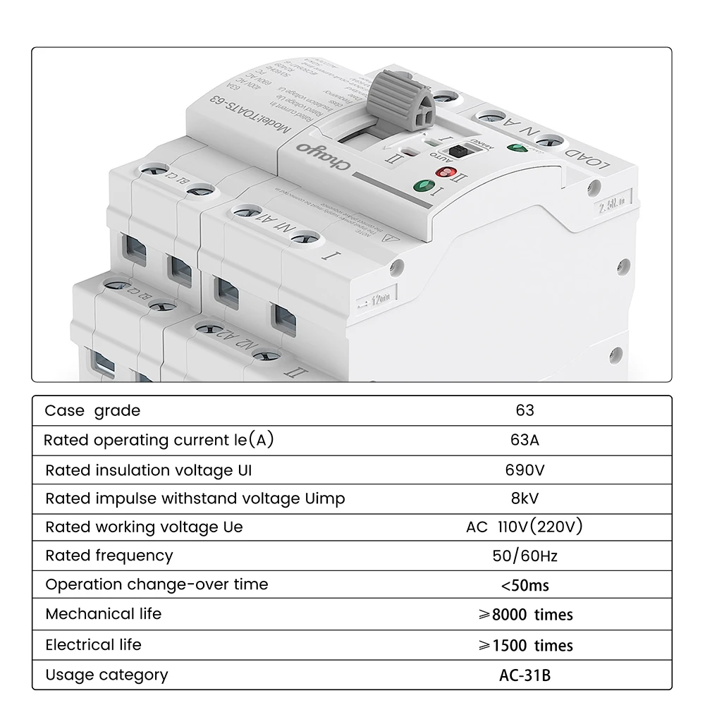 TONGOU Din Rail Dual Power Automatic Transfer Switch with Uninterrupted Power Supply, 110V/220V, 63A