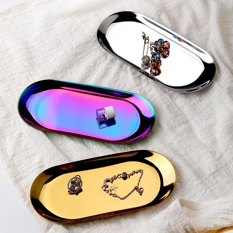 Korean Storage Tray Metal Dessert Plate Desktop Decorative Tray For Cosmetics Fruit Food Trays Jewelry Plate Kitchen Organizer 2
