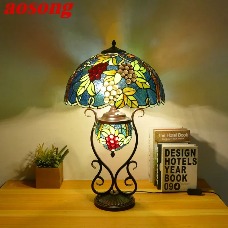 

AOSONG Tiffany Table Lamp American Retro Living Room Bedroom Lamp Luxurious Villa Hotel Stained Glass Desk Lamp