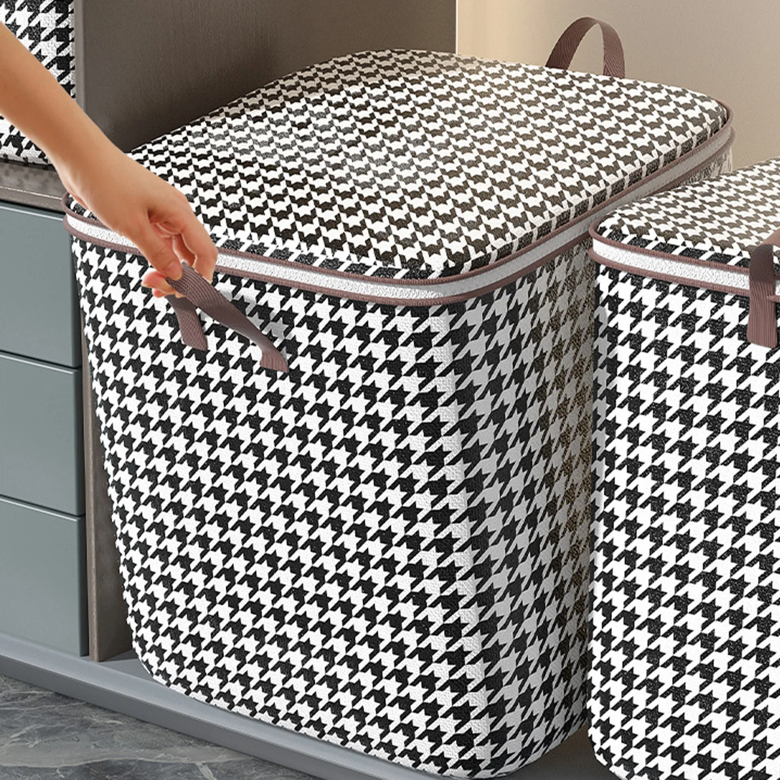 Quilt Bins Container Fabric Storage Boxes with Lids Houndstooth Clothes Organizers with Handle